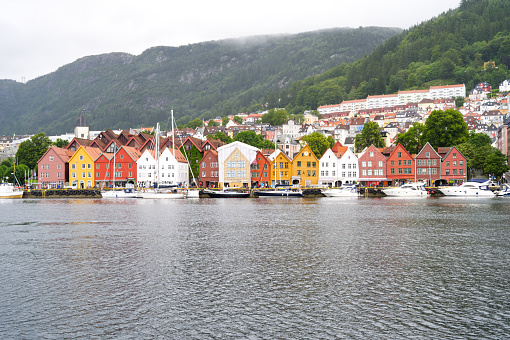 Bergen (Vestland) in Norway extra wide panorama of old part Bryggen port