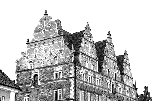 Aalborg house detail in a historic street in Denmark in black and white in Europe