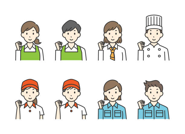 teilzeitkräfte verschiedener berufe der eingeweide posieren - supermarket fast food fast food restaurant people stock-grafiken, -clipart, -cartoons und -symbole