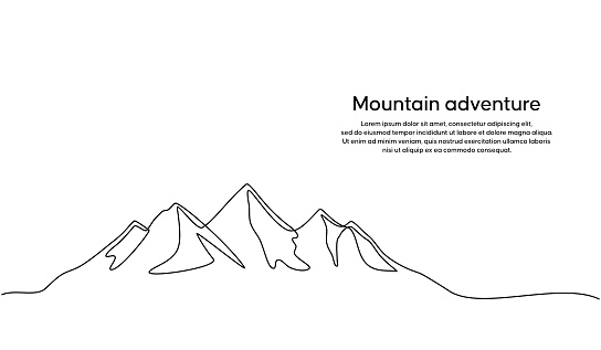 Continuous line drawing of a mountainous landscape. Minimalist horizon with mountain peaks in simple single line style. Winter sports adventure concept in doodle style. Editable strokes.