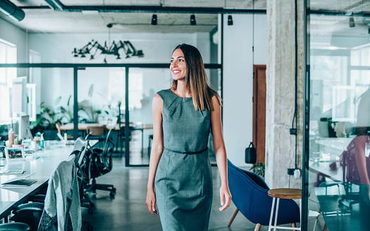 Portrait of beautiful confident smiling businesswoman walking in modern office.