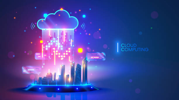 Cloud computing concept. Smart city wireless internet communication with cloud storage, cloud services. Download, upload data on server. Digital cloud over virtual Smart City on podium. Technology IOT vector art illustration