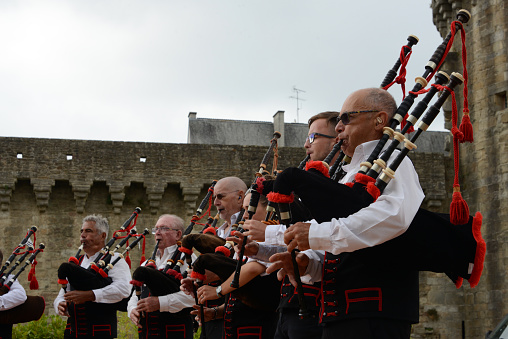 Vannes, France, August 15, 2022 : Biniou players at the Arvor festival in Vannes in Brittany