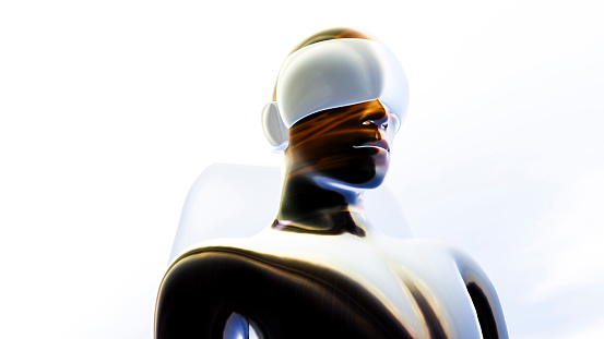 cyborg face humanoid woman covered with isolated reflective white synthetic surface. 3D illustration