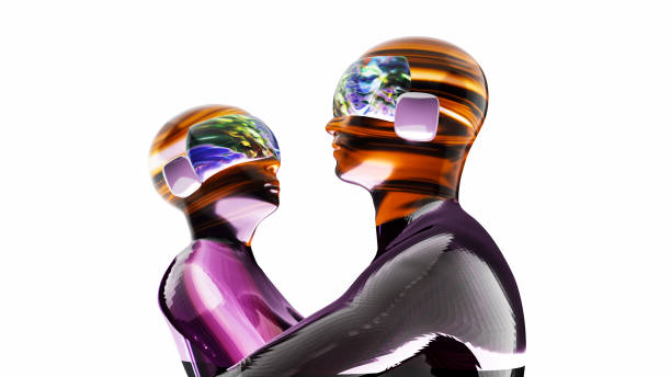 Male and female avatars wearing VR masks stock photo
