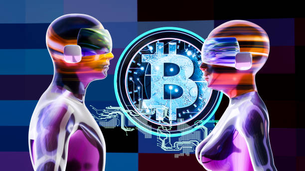 Male and female avatars wearing VR masks in front of a bitcoin neon sign floating in the metaverse stock photo