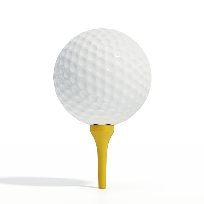 Isolated golden golf ball and tee on a white background.