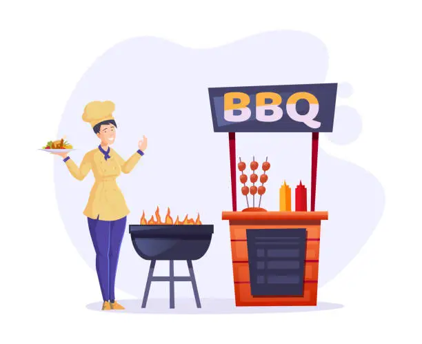 Vector illustration of Woman chef cooking meat in BBQ street shop