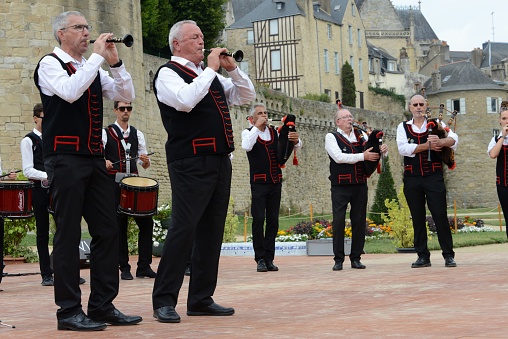 Vannes, France, August 15, 2022 : Musicians from a Breton bagad at the Arvor festival in Vannes in Brittany