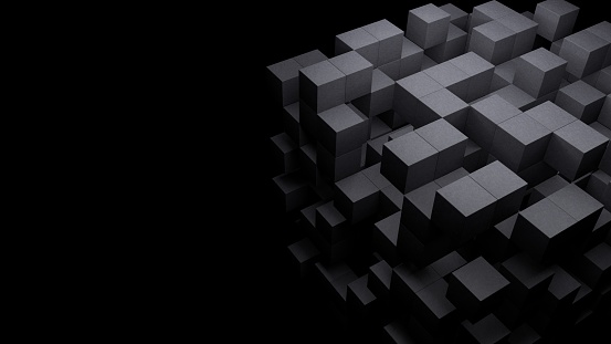 3d black abstract technology cube on empty dark background. Digital block, building, science, structure concept. High quality photo