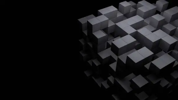 Photo of 3d black abstract technology cube on empty dark background. Digital block, building, science, structure concept.