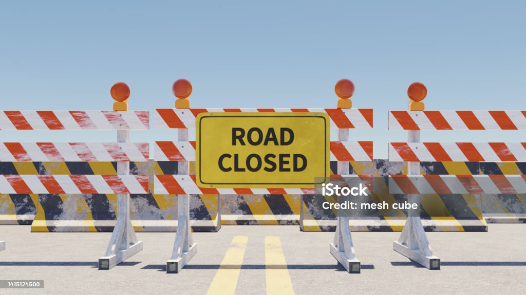 stop sign with traffic barrier on road, 3d rendering blocked road concept image Traffic Jam Stock Photo