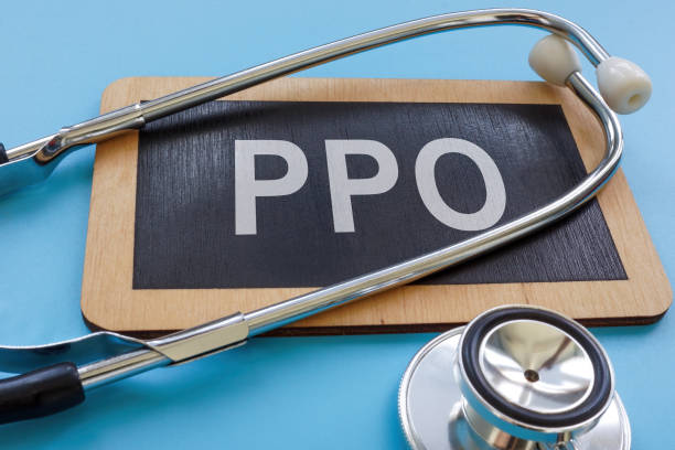 Plate with abbreviation PPO preferred provider organization or health insurance plan. stock photo