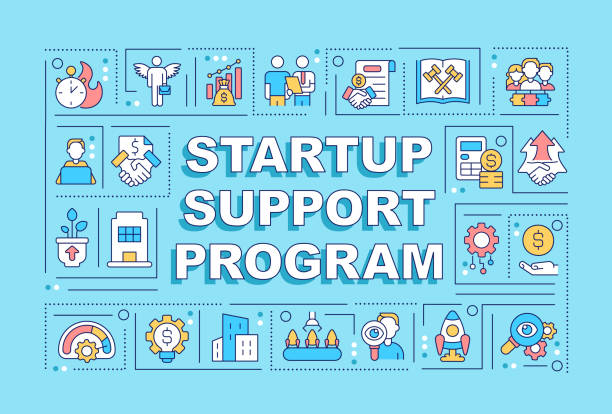 Startup support program word concepts cyan banner Startup support program word concepts cyan banner. Financial assistance. Infographics with editable icons on color background. Isolated typography. Vector illustration with text. Arial-Black font used types of loans stock illustrations