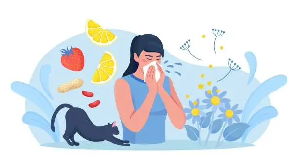 Vector illustration of Woman with allergy from pollen, cat fur, citrus, peanuts or berry. Runny nose and watery eyes. Seasonal disease. Causes of allergy. Illness with cough, cold and sneeze symptoms