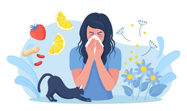ilustrações de stock, clip art, desenhos animados e ícones de woman with allergy from pollen, cat fur, citrus, peanuts or berry. runny nose and watery eyes. seasonal disease. causes of allergy. illness with cough, cold and sneeze symptoms - allergy sneezing cold and flu flu virus