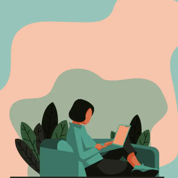 Vector illustration of Lady Drawing Sitting Back On Sofa Using Laptop. Woman Relaxing And Laying Down On A Large Foam Pillow While Browsing Portable Computer.