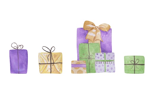 Set of gift boxes isolated on a white background. Watercolor present collection. Hand-drawn Christmas gifts clipart. Holiday decoration. Purple, green, and blue wrapped boxes with cute bows.