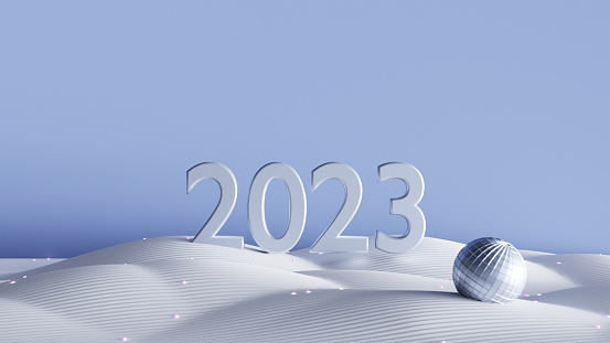 Christmas and new year postcard with 2023 numbers and snow, 3d render