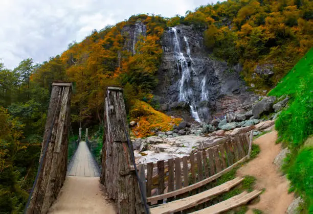 Photo of Mencuna Waterfall. It is one of the most magnificent waterfalls of the Eastern Black Sea. Turkey's waterfalls. Arhavi district of Artvin, Turkey