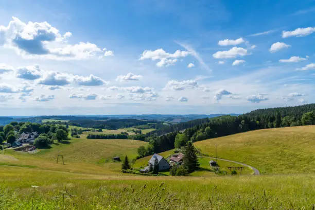 Landscape at Schomberg in Sauerland. Nature with forests and hiking trails near Sundern on the Lennegebirge.