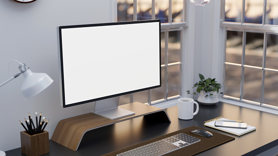 Minimal white office desk with blank PC desktop computer mockup and office supplies on the table against the white wall. 3d rendering, 3d illustration