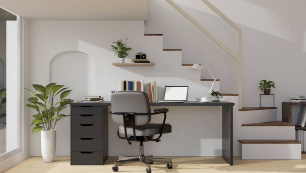 istock Modern minimal home working space against the staircase interior design with laptop mockup 1415132470