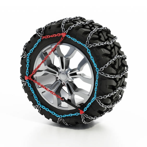 istock Single car winter tire with snow chain isolated on white 1415134773