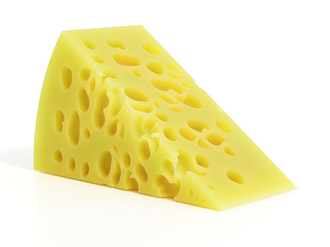 Aged piece of cheese with holes isolated on white.