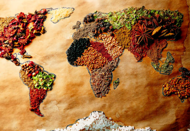World map made of different colorful grains and seeds stock photo