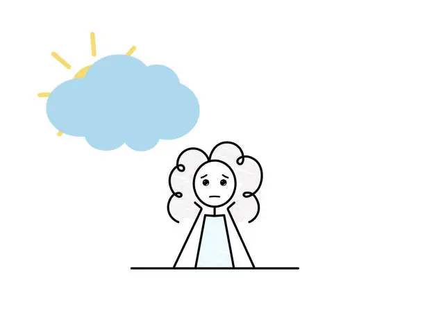 Vector illustration of seasonal affective disorder, SAD, sad girl character, cloudy weather affect your mood, black line doodle simple vector illustration, sketch