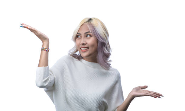 istock Woman showing empty copy space on the open hands palm. 1415140547