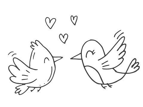 Set of cute hand-drawn doodle elements about love. Message stickers for apps. Icons for Valentines Day, romantic events and wedding. Two birds in love are flying with hearts.