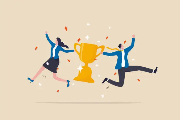 Vector illustration of Team success, partnership or teamwork to win business competition, winner or achievement, work together or cooperation concept, businessman and businesswoman partner celebrate winning victory trophy.