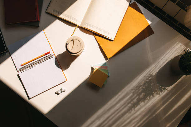 istock Workspace. Top view of a desk 1415141974