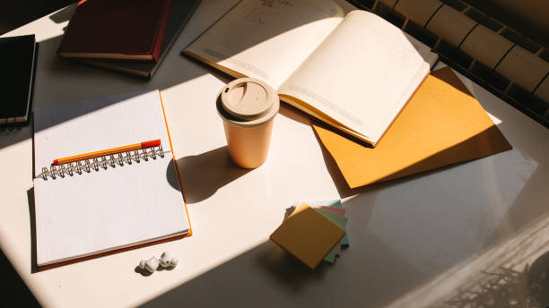 istock Workspace. Top view of a desk 1415142060