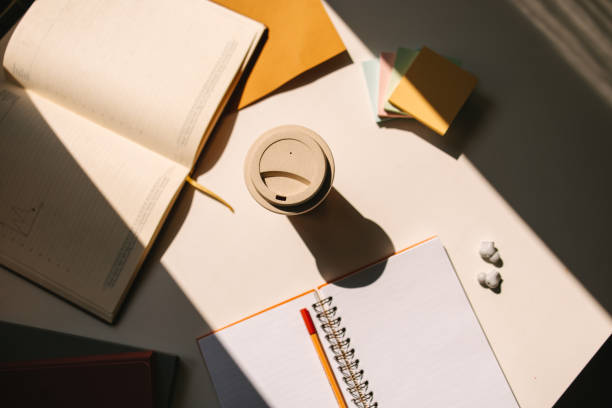 istock Workspace. Top view of a desk 1415142106