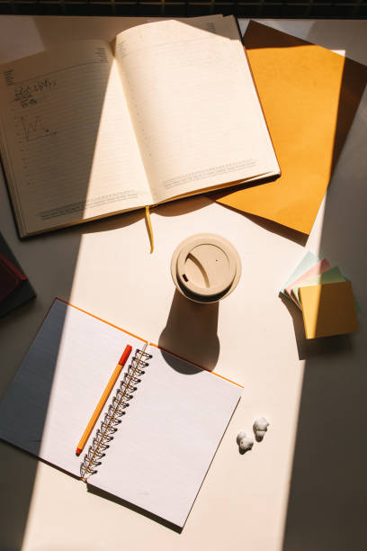 istock Workspace. Top view of a desk 1415142110