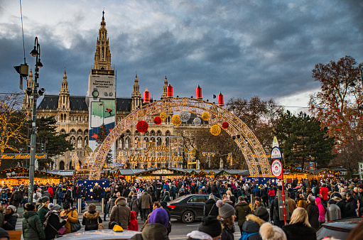 WIEN, AUSTRIA - DECEMBER 14., 2019: Christmas decorated town of Wien during advent and holidays in December.