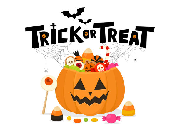 illustrazioni stock, clip art, cartoni animati e icone di tendenza di caramelle di halloween in sacchetto di zucca. dolcetto o scherzetto nel cestino della lanterna arancione jack e nel testo. - trick or treat