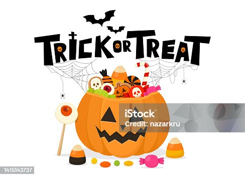 istock Halloween candies in pumpkin bag. Trick or treat in orange jack lantern basket and text. 1415143737