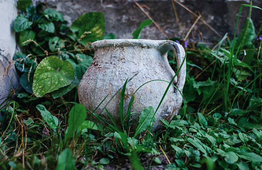 Front view of  ancient jug in grass. An old vessel. Rural landscape. Archeology.