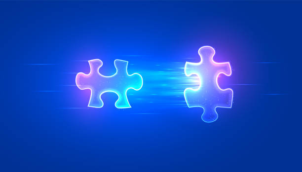 digitales puzzle im futuristischen stil. symbol der vereinigung von unternehmen. partnerschaftskonzept oder lead-magnet-lösung. vektorillustration auf dunklem nachthintergrund mit lichteffekt - schlüsselfertig stock-grafiken, -clipart, -cartoons und -symbole