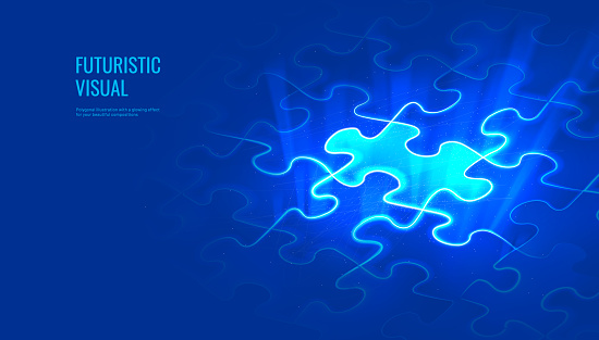 Puzzle in a digital futuristic style. Leadership concept, a piece of the puzzle is highlighted. Vector illustration on a dark night background with light effect.