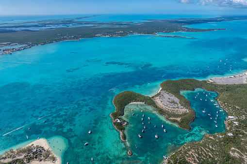 Drone aerial view of  Stocking Island and Island of Great Exuma, Bahamas.