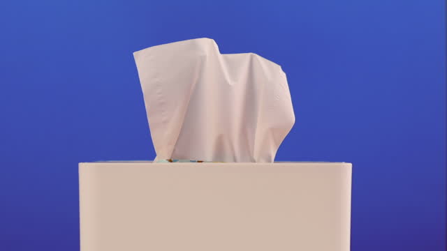 Toilet paper, white tissue paper and white box on blue background.