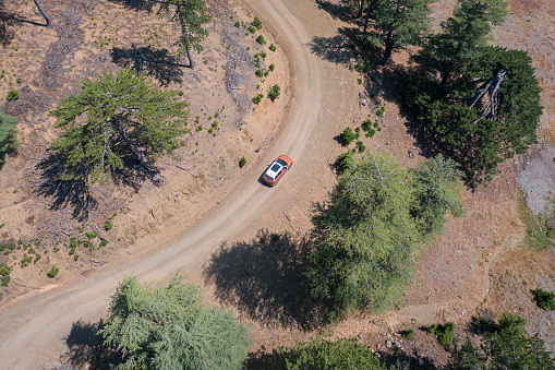 Top view of Suv car traveling on dirt forest road