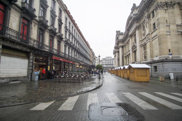 BRUSSELS BELGIUM ON NOVEMBER 24, 2018:   Stock Market and Exchange  with closed Christmas cabins of the market.