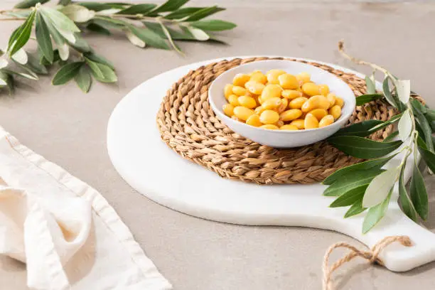 Photo of Lupins in ceramic bowl on kitchen countertop