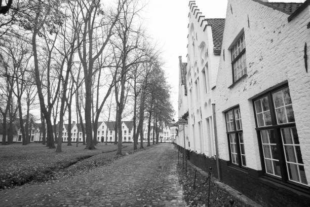 beguinage em bruges, panorama da paisagem urbana e fachadas de vila velha, cidade medieval gótica e barroca na bélgica - bruges cityscape europe autumn - fotografias e filmes do acervo